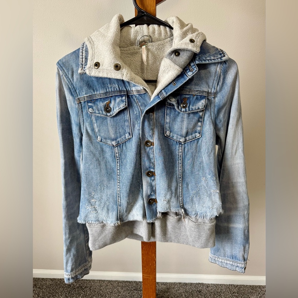 Free People Light Blue Denim Hooded Jacket with Gray Knit Lining
